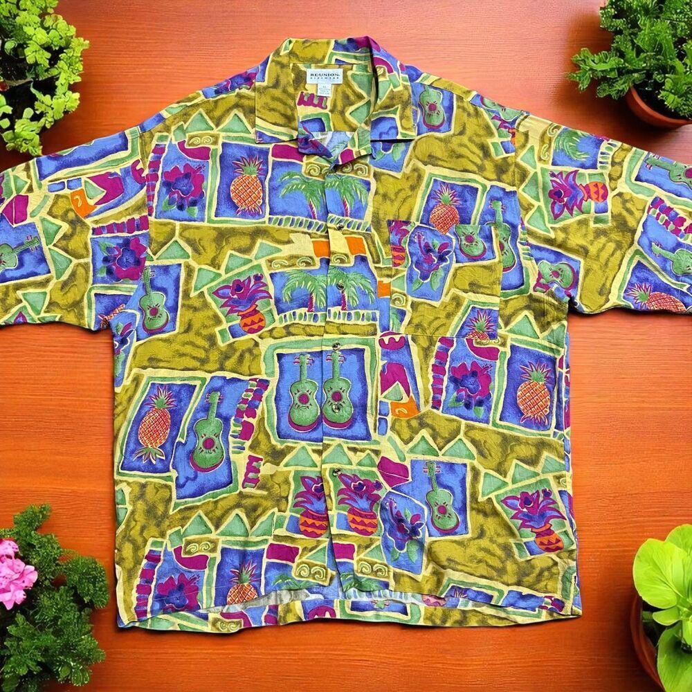 Reunion Vintage 90s Abstract Tropical Rayon Button Front Multicolor Shirt XL